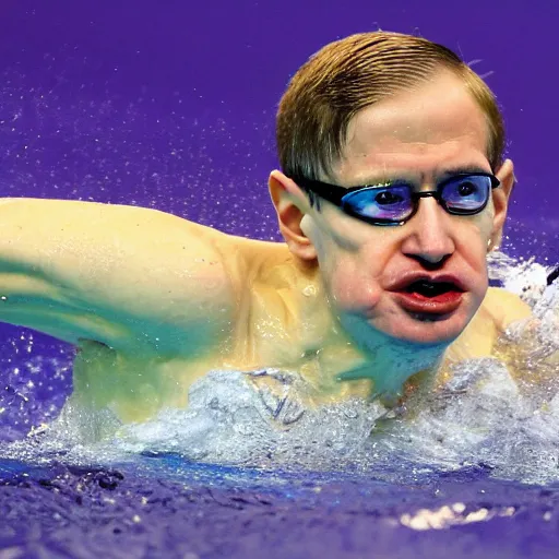 Prompt: stephen hawking competing in the 1 0 0 m butterfly at the olympics