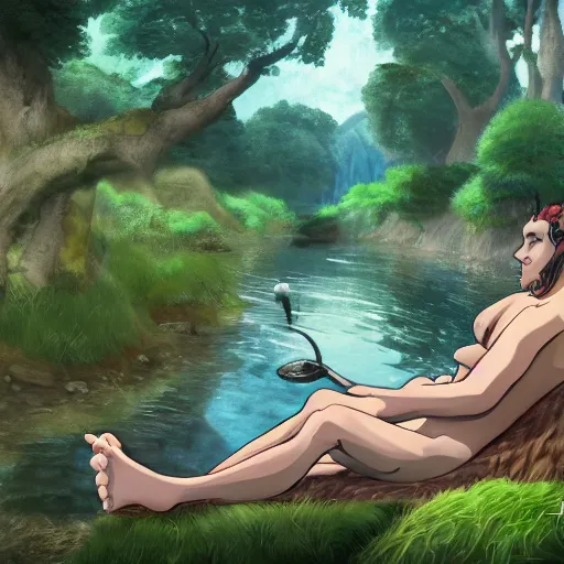 Prompt: a rough digital painting of a satyr with furry goat legs lounging next to a river with a finger in the water in the forest, digital painting, fantasy, studio ghibli environment, overhead canopy