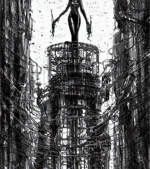 Image similar to andrei tarkovsky cyberpunk greatest scene, ancient tower of babylon, woman in transparent cyber clothing, hyperrealistic, blame, manga style, drawing by tsutomu nihei, cyber world, ambient lighting, concept art, hyper - detailed, smooth, masterpiece, epic, ray tracing, cinematic, high quality