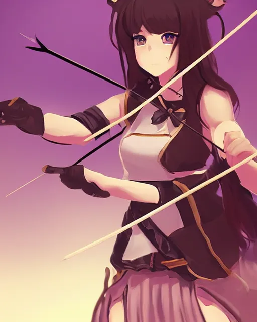 Prompt: anime girl with a bow and arrow, female archer, angry, warrior, artstation trending, concept art, digital painting