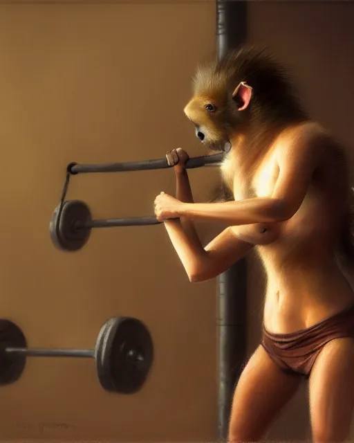 Prompt: beautiful portrait of a muscular female anthro capybara wearing gym clothes exercising in the gym. gymcore, female fursona, furry, furaffinity, 4 k deviantart. very expressive, by gaston bussiere, craig mullins