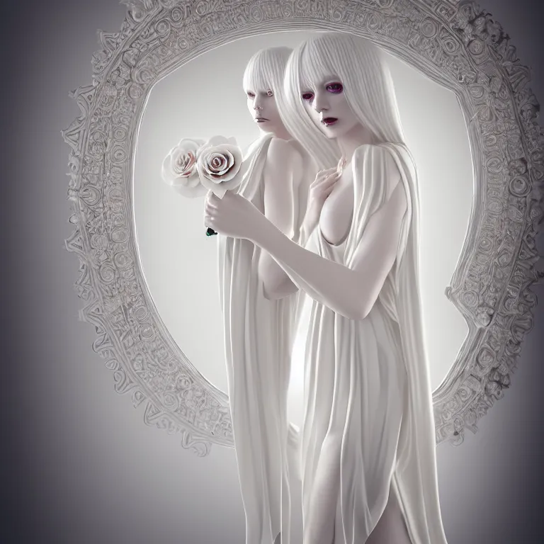 Image similar to alone with herself wonderful symmetrical beautiful albino goddess with a beautiful porcelain body dressed with a majestic semi transparent silk cream roses long dress, hightly ornate, intricate, detailed, dramatic light, award winning, octane render, meredit frampton style