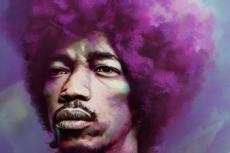 Image similar to jimi hendrix as a purple haze, soft, sharp focus, detailed, artwork by Tooth Wu and wlop and greg rutkowski