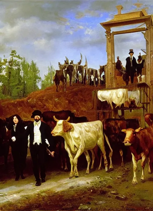 Image similar to artwork painting of acow being led into the slaughter house by eugene von guerard, ivan shishkin, john singer sargent