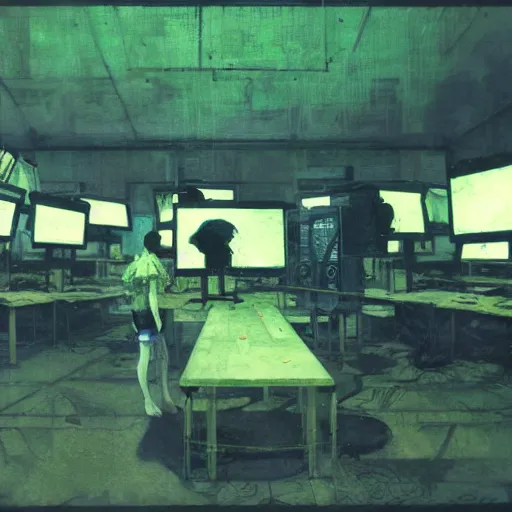 Image similar to portrait of lain iwakura, background room full of cables and computers by yoshitoshi abe, ruan jia and joao ruas, atmospheric, green and blue tones