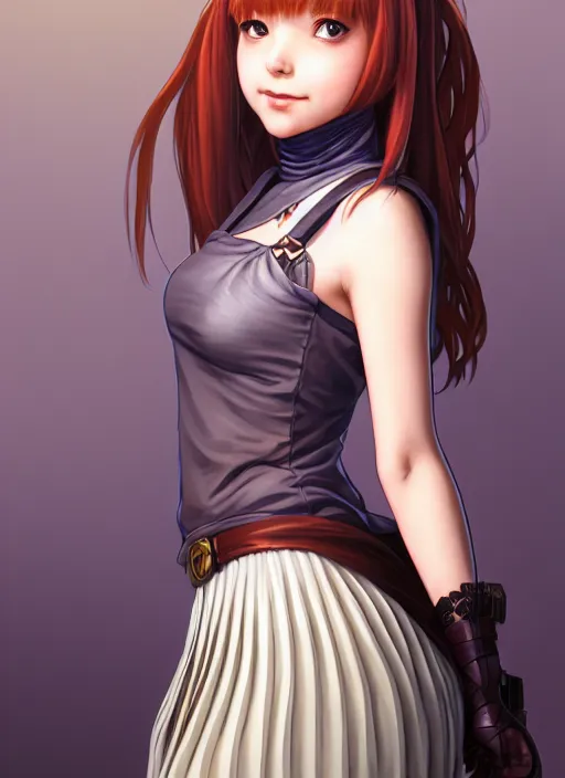 Image similar to portrait of a full body of beautiful young female detective, d & d, sleeveless turtleneck, pleated skirt, fantasy, flat lighting, intricate, highly detailed, digital painting, artstation, concept art, smooth, sharp focus, illustration, misa amane, art by simon bisley and greg rutkowski and alphonse mucha, natural tpose