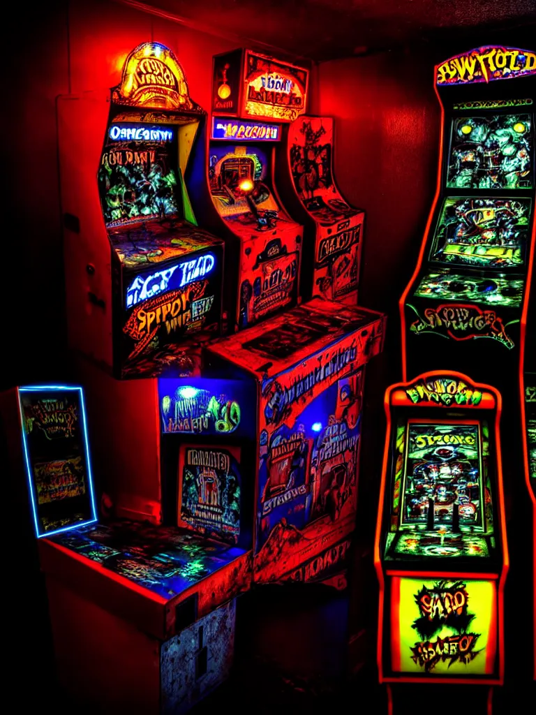 Prompt: haunted arcade machine, spooky, horror, overhead lighting, alluring lights hdr