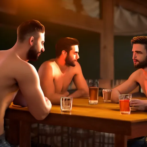 Prompt: cinematic scene with attractive male and another attractive male, no shirts, shorts, drinking their hearts out, in the pub, high definition, very detailed, volumetric lighting, still frame