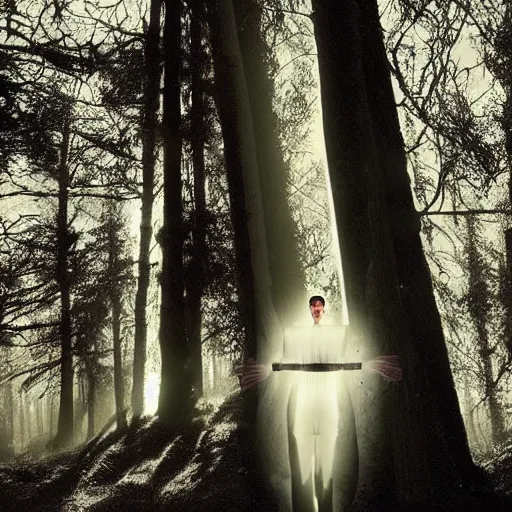 Image similar to A beautiful digital art of a man's head is floating in the air, surrounded by a halo of light. His eyes are wide open and his mouth is gaping in a scream. His hair is wild and his clothes are in tatters. Behind him is a dark, ominous forest. by Arthur Elgort subdued, ornamented