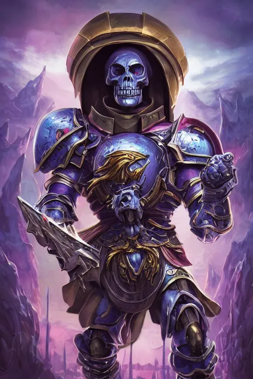 Image similar to TV poster of a AI movie starring Skeletor from he-man TV show in a Warhammer 40k Armour,art by Artgerm, Dan Mumford, d&d style, fantasy, ultra detailed, octane render, soft light