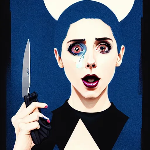 Image similar to loish, artgerm, Joshua Middleton art, pretty female Alison Brie serial killer holding bloody knife in right hand five fingers, blood on clothes and face, sarcastic smile, symmetrical eyes, symmetrical face, full body, jean jacket, jeans, short blonde hair, middle shot, night time, deep blacks