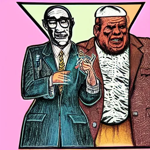 Image similar to !dream The Artwork of R. Crumb and his Cheap Suit Pope and Bishop, pencil and colored marker artwork, trailer-trash lifestyle