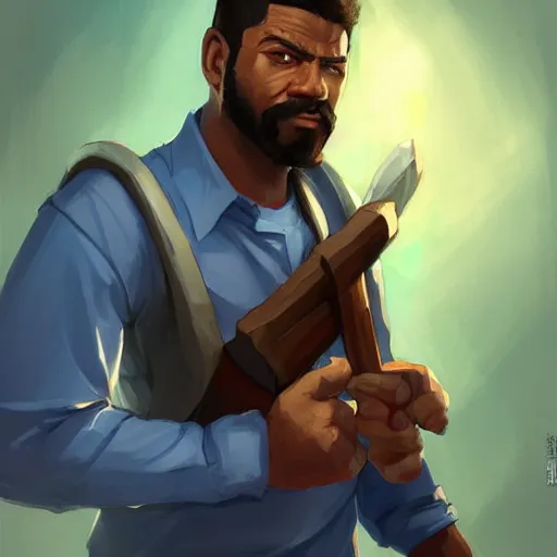 Prompt: man with blue shirt, brown skin, beard, and a blue pickaxe in grand theft auto art style, dnd character art portrait, matte fantasy painting, deviantart artstation, by jason felix by steve argyle by tyler jacobson by peter mohrbacher, cinema c 9. 0