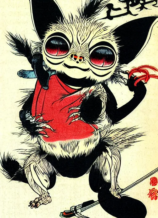 Image similar to a mogwai from gremlins ( 1 9 8 4 ) as a yokai illustrated by kawanabe kyosai and toriyama sekien