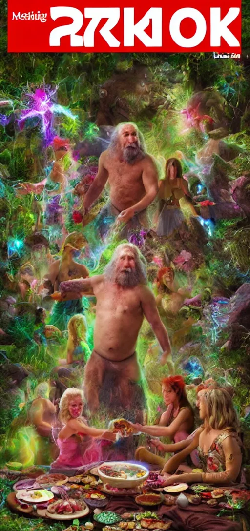 Prompt: an 8 k magazine cover photo shoot color hdr picture of zardoz accessing third eye everlasting magical second level during his 9 6 6 th birthday party along with female friends. surrounded by fairies. everything is of the second level including plates of green bread and hams on the isle of kun lao. volumetric lighting with picoso hotdogs. atmospheric