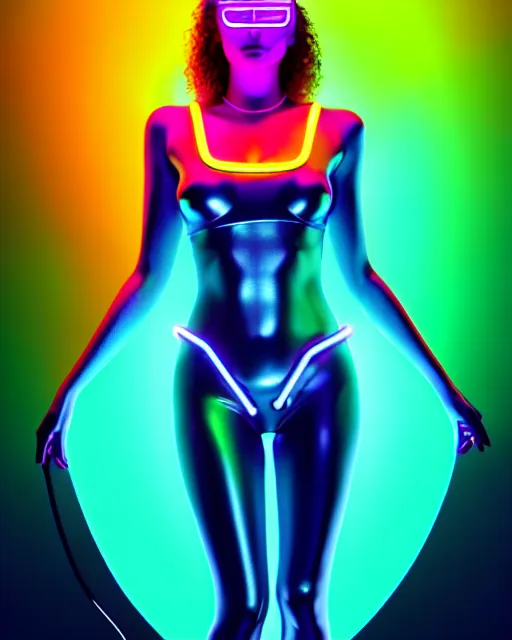 Prompt: ultra realistic cyber neon queen, neon lighting, retro futurism, futuristic illuminated jewelry, retro glossy latex, full body pose, hyper photorealistic, crispy quality, digital photography, trending in artstation, cinematic, 4 k ultra hd, art by pascal blanche, art by greg rutkowski