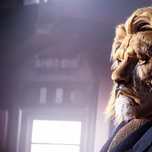 Image similar to poor lion man as a rough dirty old man with a scruffy beard in a dark blue trenchcoat as the new doctor who, cinematic, volumetric lighting, f 8 aperture, cinematic eastman 5 3 8 4 film, photorealistic