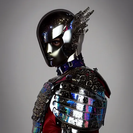 Prompt: a portrait of a beautiful young male wearing an alexander mcqueen armor made of holographic acrylic , photographed by andrew thomas huang, artistic