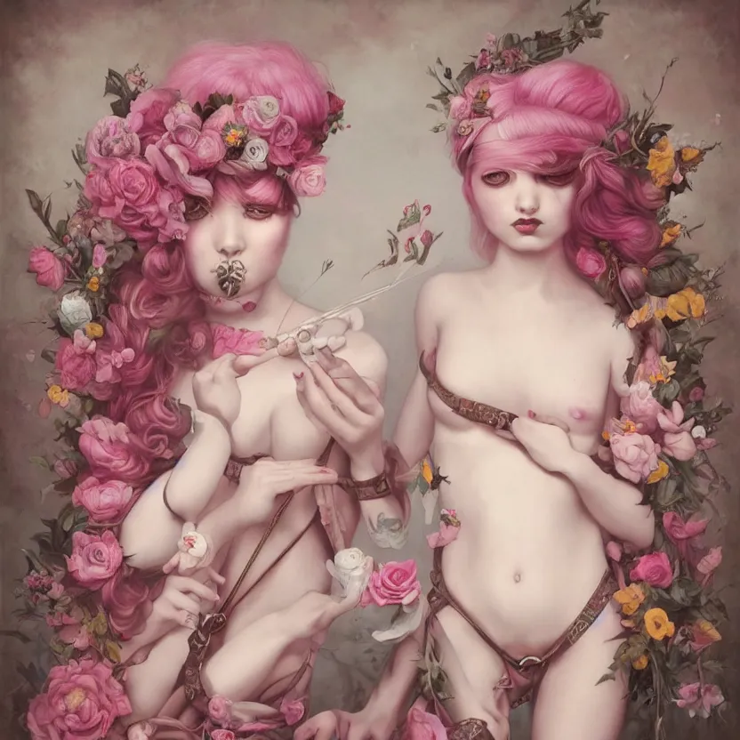 Image similar to pop surrealism, lowbrow art, realistic seductive cute woman painting, pink body harness, long hair, japanese shibari with flowers, hyper realism, muted colours, rococo, natalie shau, loreta lux, tom bagshaw, mark ryden, trevor brown style,