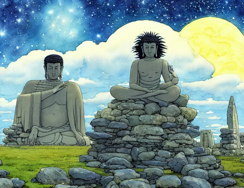 Image similar to a hyperrealist studio ghibli watercolor fantasy concept art of a giant long haired grey buddha in lotus position sitting on top of the stones of stonehenge with a starry sky in the background. a ufo is in the sky. by rebecca guay, michael kaluta, charles vess