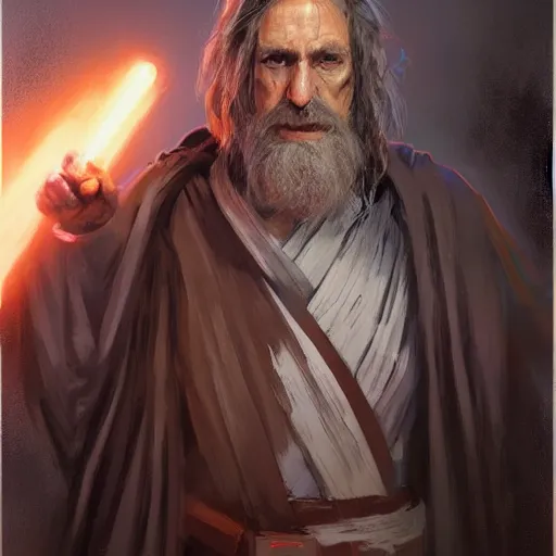 Prompt: portrait of a man by greg rutkowski, jedi master, arabian features, messy long black hair, beard, wearing orange jedi robes, star wars expanded universe, he is about 6 0 years old, highly detailed portrait, digital painting, artstation, concept art, smooth, sharp foccus ilustration, artstation hq