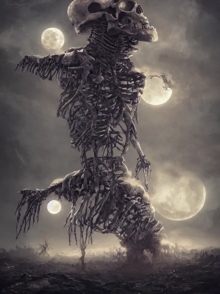 Image similar to a very large and scary skeleton with very soft and luminous colors dances in an apocalyptic landscape with steamer and smoke under the moon in twilight, darkart, hyperdetailed, hyperealistic, cinematography, 8k, Artstation, Deviantart, very beautiful