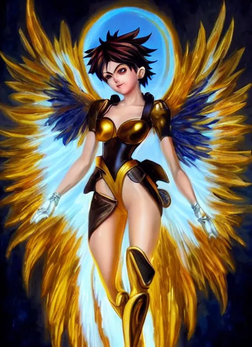 Prompt: full body oil painting of tracer overwatch in the style of delphin enjolras, angel wings, angelic golden armor, dramatic painting, symmetrical composition, ornate, high detail, gold detailed collar!!!!!, blooming, lights, flowers, detailed face,