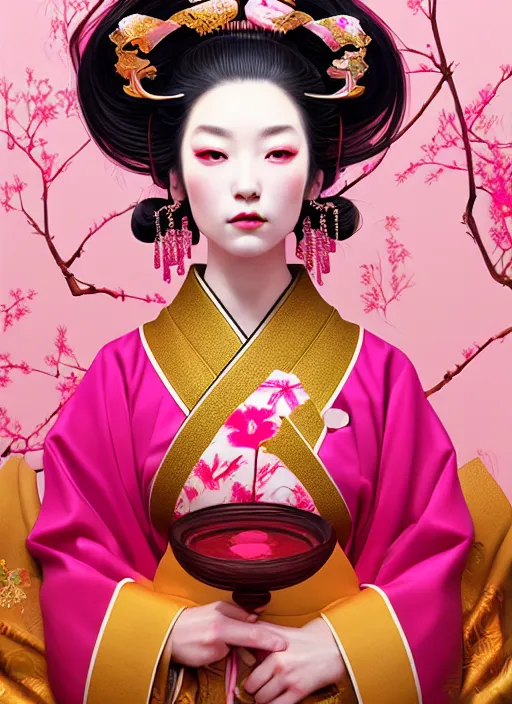 Image similar to dreamlike luxury stunning oiran portrait, pink and gold kimono, art by artgerm, wlop, loish, ilya kuvshinov, 8 k realistic, hyperdetailed, beautiful lighting, detailed background, depth of field, symmetrical face, frostbite 3 engine, cryengine,