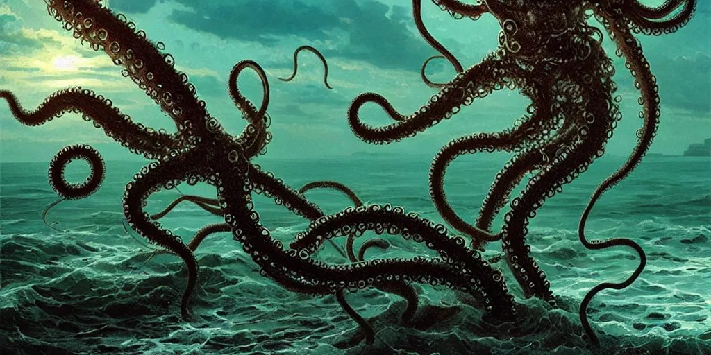 Prompt: a tentacled creature emerging from the ocean near an abandoned fishing village, large landscape ad night, high - key lighting, beautiful composition, intricate, gradient from green to black, pro photography by, highly detailed, matte pailting, art by artgerm and greg rutkowski and alphonse mucha, smooth, sharp focus illustration