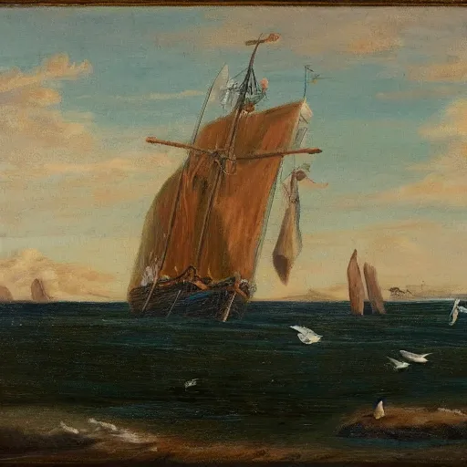 Image similar to A coast with sand and small rocks with a blue sky and a troubled sea and an old sailing ship on the horizon and in the sky is a flock of birds flying southwards, painted in oil colours