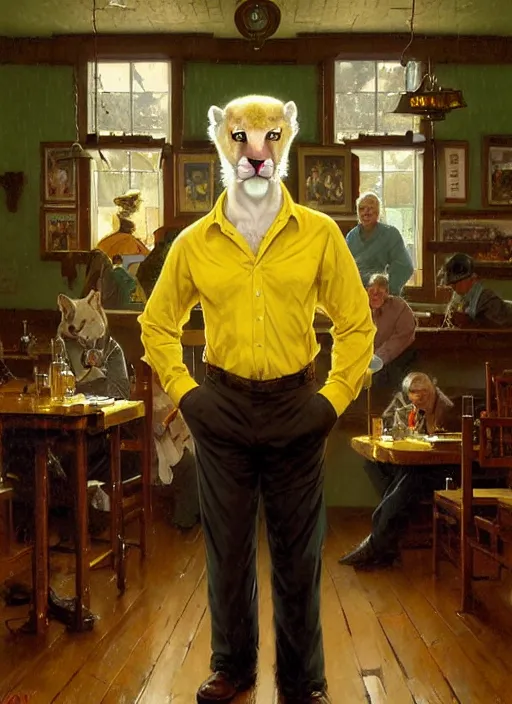 Prompt: beautiful full-body portrait commission of a (male furry!!! anthro!!! albino mountain lion fursona!!!) (wearing a yellow button-down shirt, olive green slacks) (in a Old-timey saloon). Atmospheric. Renowned character illustration by greg rutkowski, thomas kindkade, alphonse mucha, loish, norman rockwell. detailed, inked, western comic book art