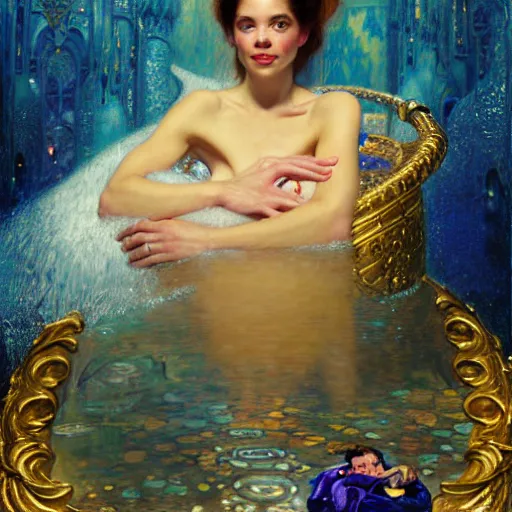 Image similar to portrait of the beast from beauty and the beast in the bath tub by disney. fantasy painting by gaston bussiere craig mullins jc leyendecker gustav klimt artgerm greg rutkowski john berkey, bergey, craig mullins, ruan jia, raymond swanland, tom lovell