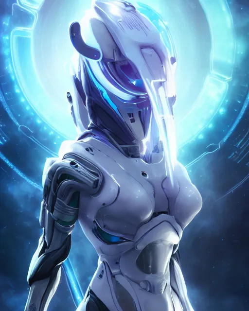 Image similar to perfect android girl on a mothership, warframe armor, beautiful face, scifi, futuristic, galaxy, nebula, raytracing, dreamy, long white hair, blue cyborg eyes, sharp focus, cinematic lighting, highly detailed, artstation, divine, by gauthier leblanc, kazuya takahashi, huifeng huang