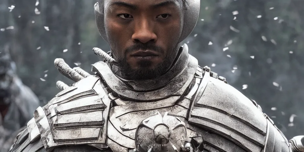 Image similar to a film still of a black man starring in a japanese blockbuster film as samurai, futuristic, shallow depth of field, cinematic, award winning cgi, vfx, film still