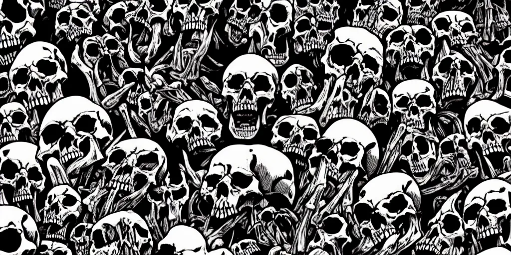 Image similar to a !!!!hellish landscape of skulls of different sizes, bones and flesh. Anime style.