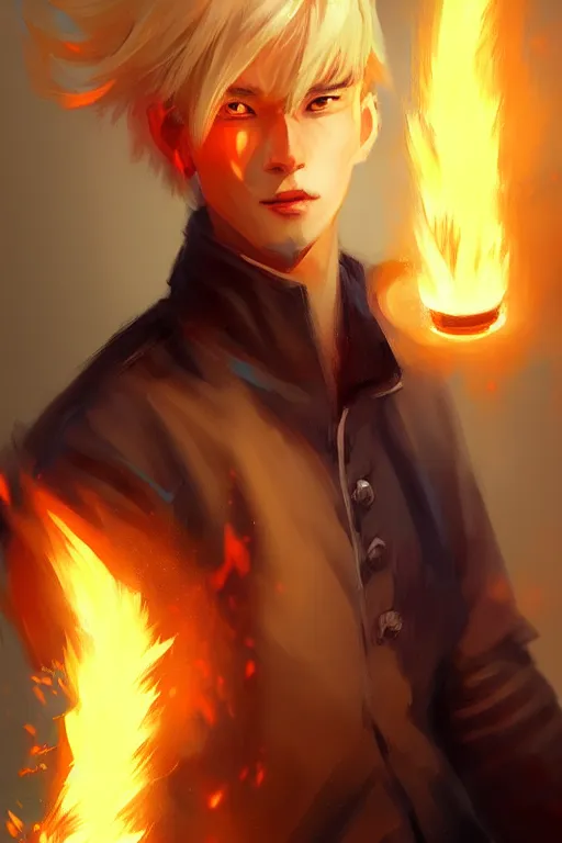 Image similar to character art by wenjun lin, young man, blonde hair, on fire, fire powers