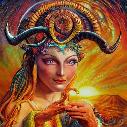 Prompt: horned ram goddess, checking her cell phone, painting by josephine wall, erupting volcano in distance, sunset, flowers in foreground, zodiac, fantasy acrylic on canvas, intricately detailed, highly detailed, high resolution, hdr, 8 k, by senior concept artist, trending on artstation