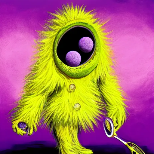 Prompt: a g. 0 ree. 0. tennis ball monster in a purple pimp coat, black and gold, digital art, fantasy, magic, chalk, trending on artstation, ultra detailed, professional illustration by basil gogos