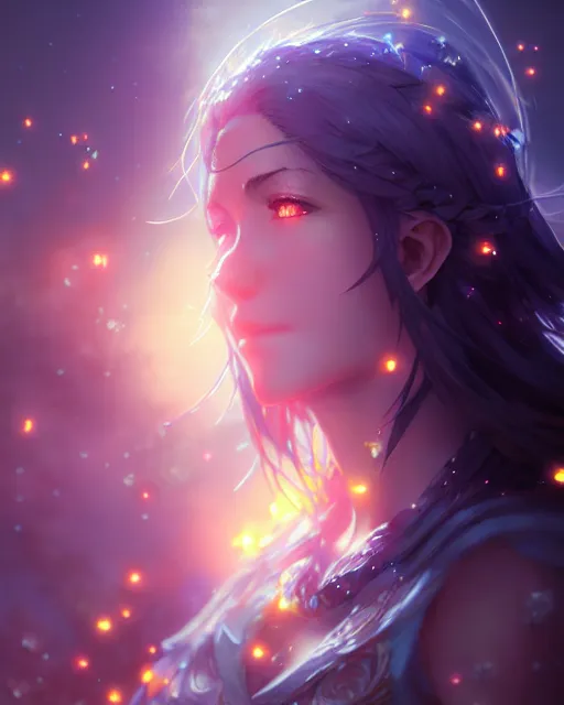 Prompt: goddess of the night surrounded by fireflies, final fantasy, cushart krenz, very detailed, realistic face, detailed face, matte, tonemapping, perfection, 4 k