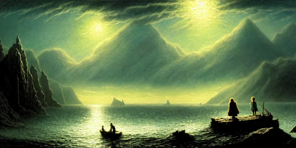 Prompt: lord of the rings scenery landscape, a hobbit out at a staring across the sea from the shore at a white timber sail boat leaving harbour, evening bright stars, highly detailed, vivid colour, soft clouds, cinematic lighting, perfect composition, gustave dore, derek zabrocki, greg rutkowski, belsinski