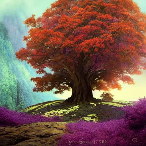 Image similar to a big tree on a mountain with purple leaves and some leaves falling retro digital painting, artstation, concept art, soft light, hdri, smooth, sharp focus, illustration, fantasy, intricate, elegant, highly detailed, D&D, matte painting, in the style of Greg Rutkowski and Alphonse Mucha and artemisia, 8k, highly detailed, jurgens, rutkowski, bouguereau, pastoral, rustic, georgic