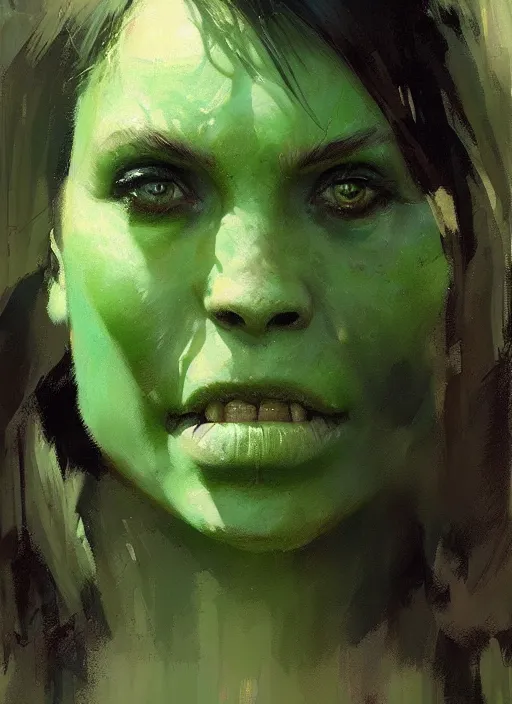 Image similar to green orc female, light green tone beautiful face by jeremy mann, greg rutkowski