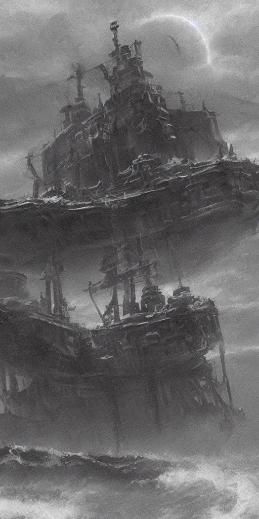 Image similar to an old ship on the bottom of the ocean that sunk long ago. mysterious, intimidating, haunted. horror movie screencap. epic. trending on artstation