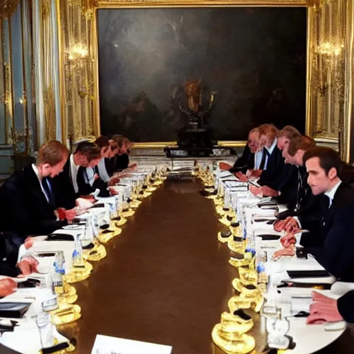 Image similar to Emmanuel Macron having a meeting with reptiles, reptiles, reptiles, reptiles, dramatic lighting, dark image, photography, masterpiece