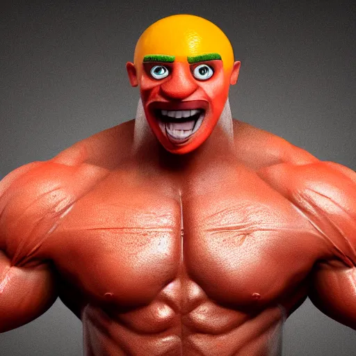 Image similar to extremely muscular man with peeled orange as head, and crayon painted face, excessively grinning, wide eyed, hyperrealistic, unreal engine, claymation