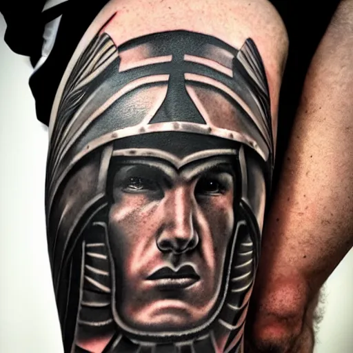 Image similar to A male gladiator wearing a thracian helmet action shot, tattoo, tattoo art, Black and grey tattoo style