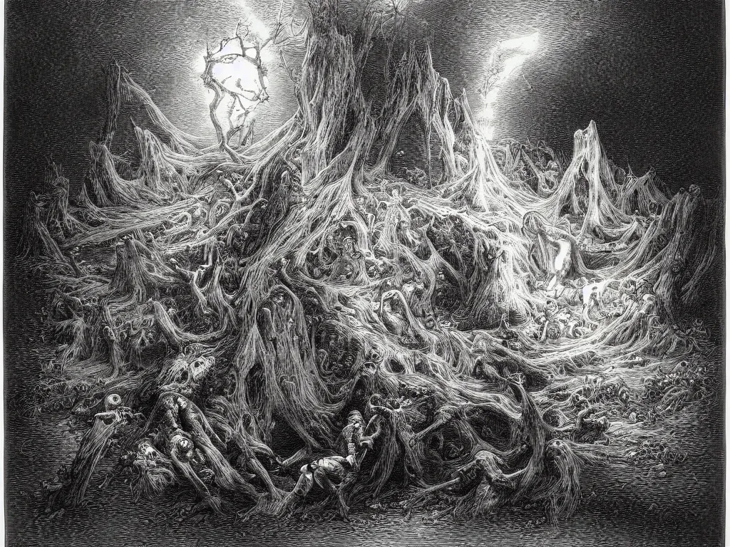 Prompt: the vision of death taking the soul from a mushroom. Fine art engraving by Gustave dore. 1868.