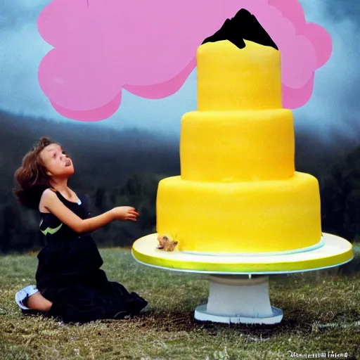 Prompt: dark angel throwing a yellow - pink - black birthday cake from the clouds onto a woman with two dogs, kodak film