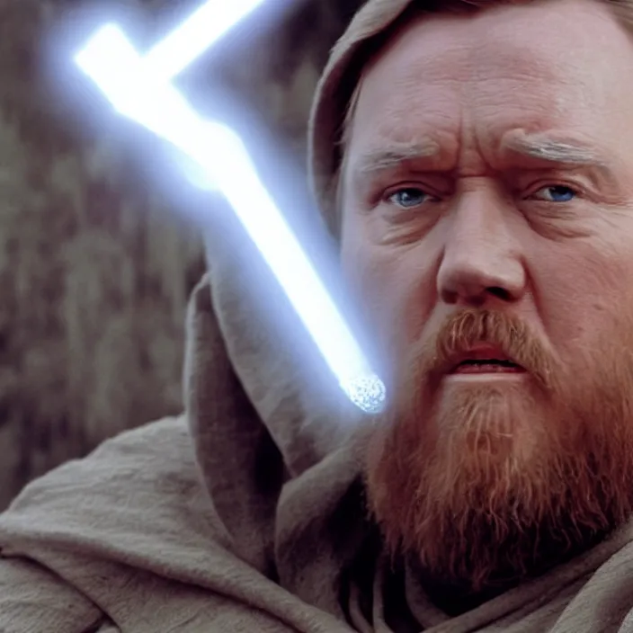 Image similar to obi wan kenobi but obese, photoralistic rendering, movie still, screenshot, hyperdetailed