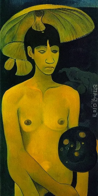 Image similar to black!! jellyfish by paul gauguin, serene, calm, minimalist!!!